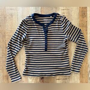 Boden Navy and Tan Striped Button Top